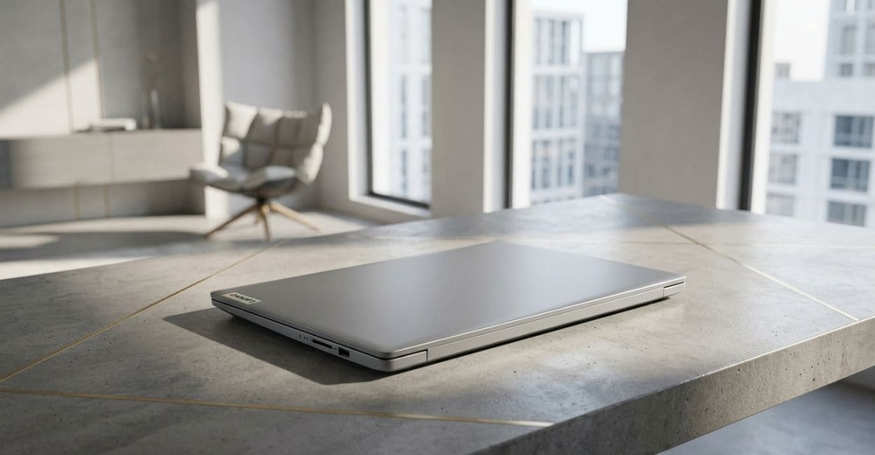 Lenovo IdeaPad Slim 3 Ryzen 5 fechado sobre mesa de concreto mostrando a espessura