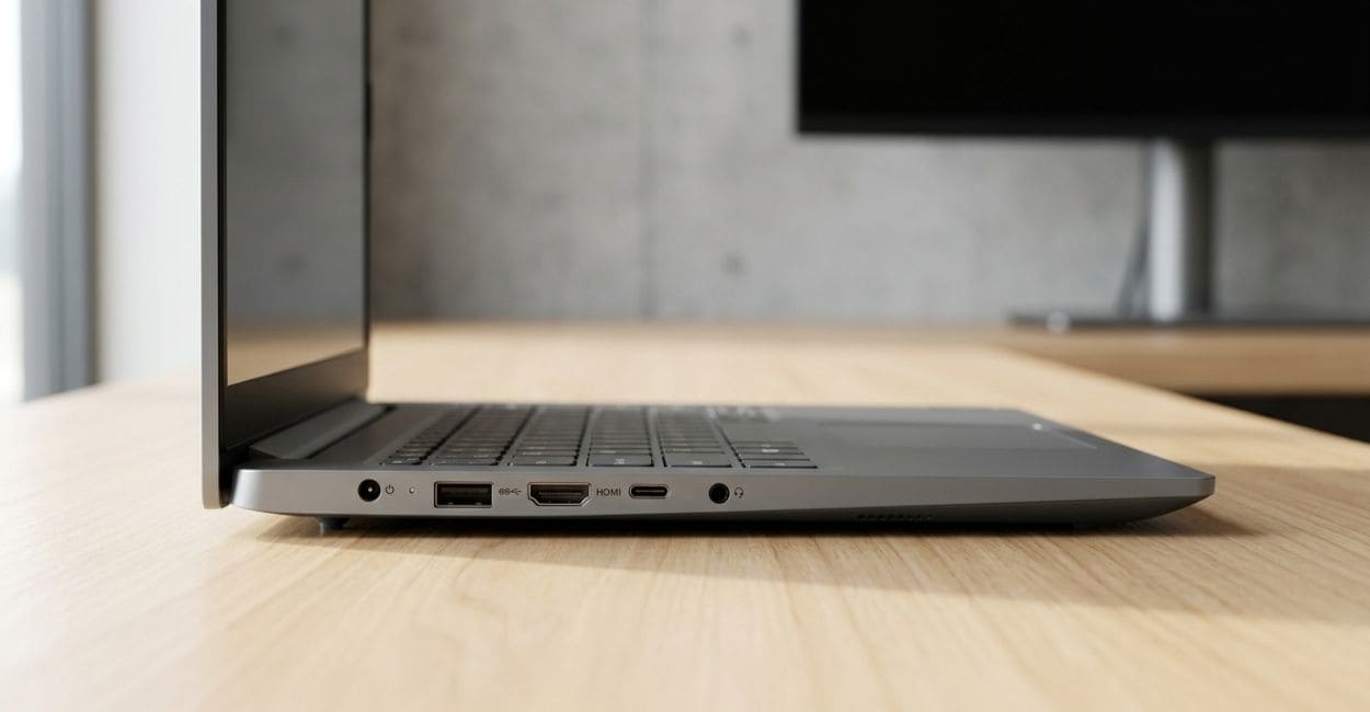 Portas laterais do Lenovo IdeaPad Slim 3 Ryzen 5 com USB-A, HDMI e USB-C