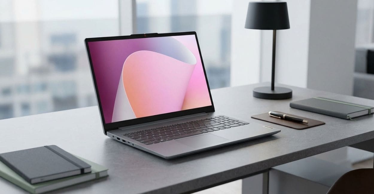 Tela de 15,6 polegadas do Lenovo IdeaPad Slim 3 Ryzen 5 vista em ângulo