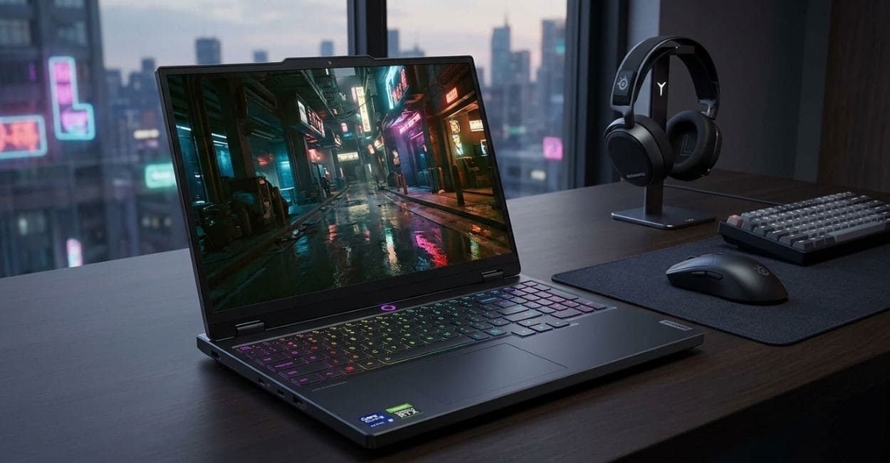 Lenovo Legion 5 aberto em mesa gamer com jogo de cenário urbano na tela