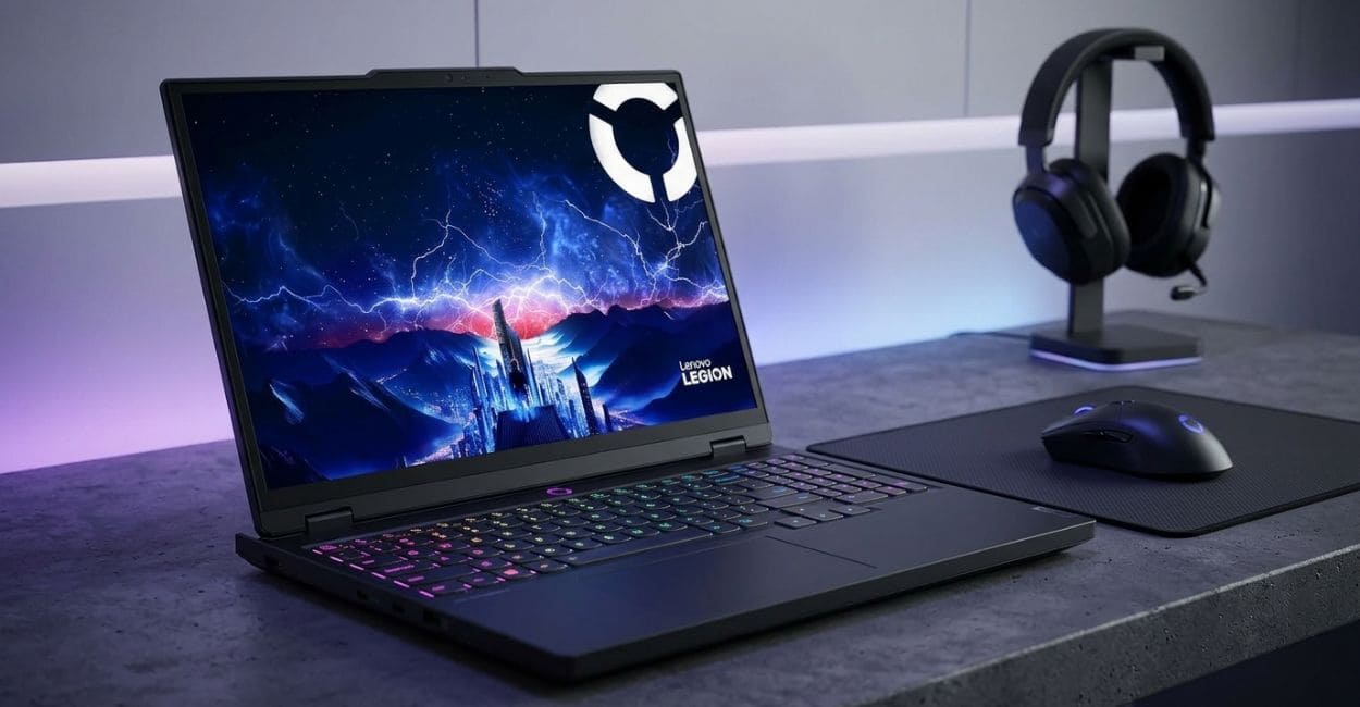 Notebook Lenovo Legion 5 em três quartos com tela ligada e teclado RGB