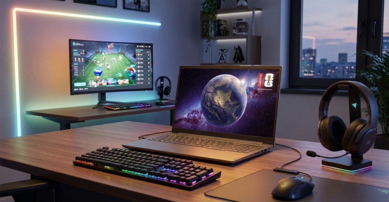 Notebook gamer ligado a um monitor externo com um jogo em execução, teclado mecânico e headset sobre a mesa
