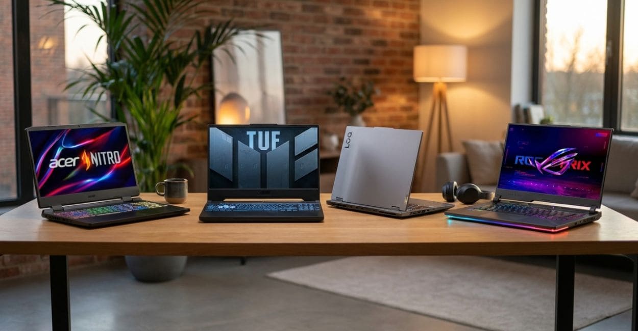 Quatro notebooks gamer abertos lado a lado sobre uma mesa de madeira, com teclados iluminados