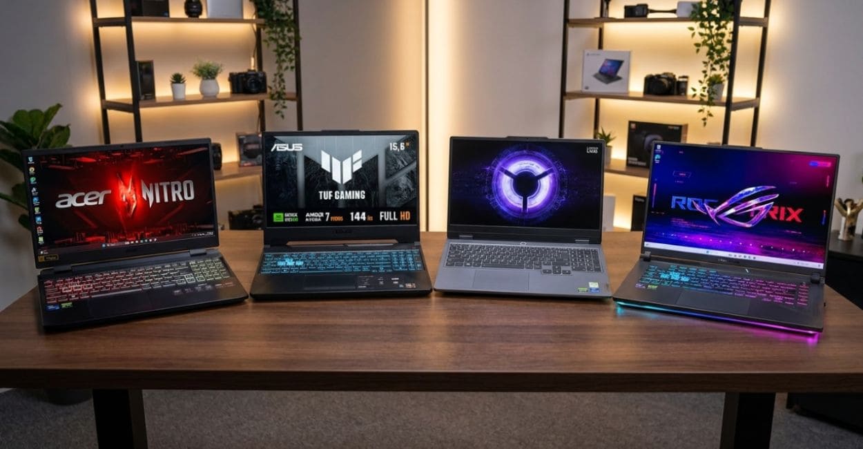 Quatro notebooks gamer abertos e ligados sobre uma bancada, em ambiente de estúdio com iluminação quente