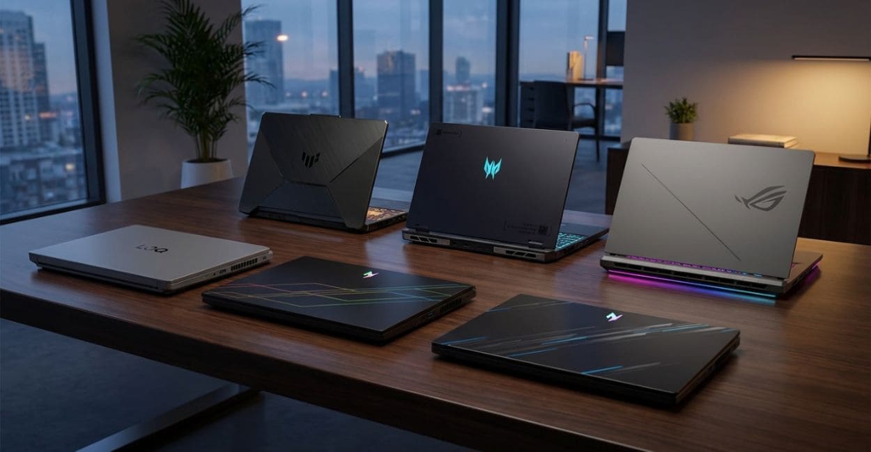 Cinco notebooks gamer reunidos sobre uma mesa escura, alguns fechados e outros abertos, ao entardecer
