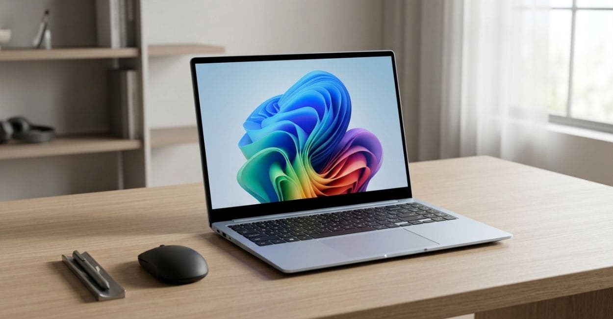 Samsung Galaxy Book4 Edge aberto sobre mesa de madeira com a tela ligada, mouse e canetas ao lado