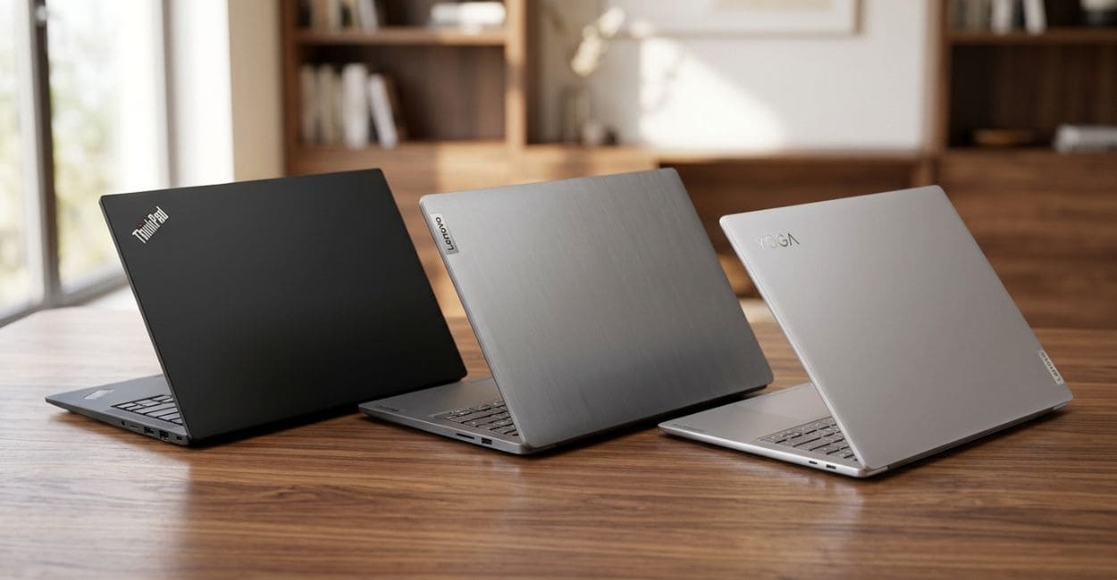 Notebook Lenovo de três linhas diferentes visto por trás sobre uma mesa de madeira