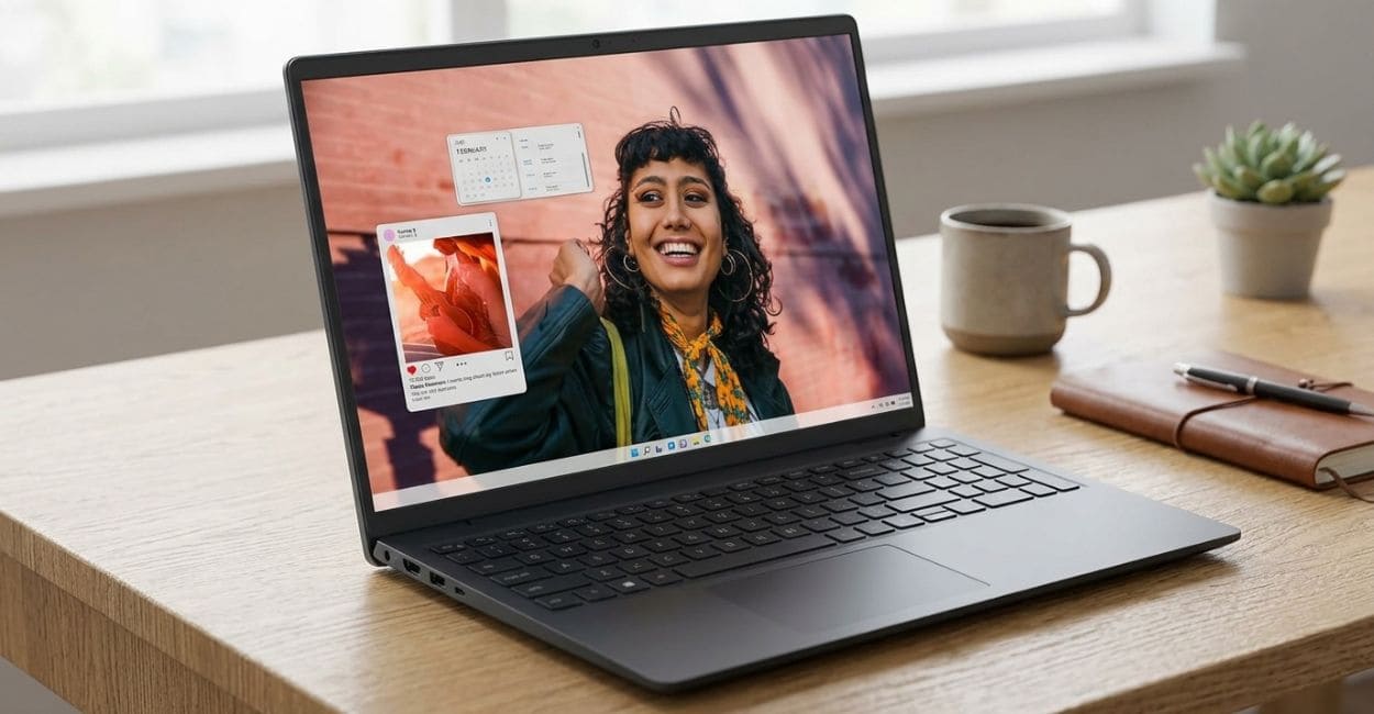 Dell Inspiron 15 i7 aberto em três quartos sobre mesa de madeira com caneca e caderno