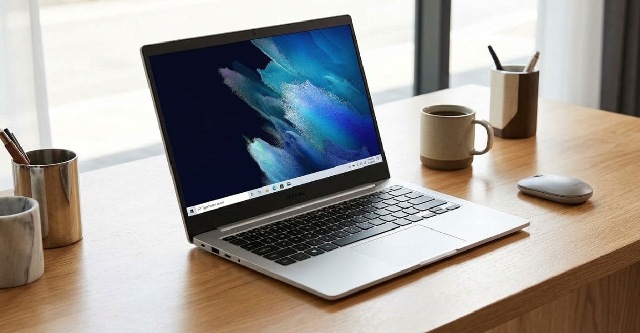 Notebook Samsung Galaxy Book Go aberto sobre mesa de madeira com a tela ligada