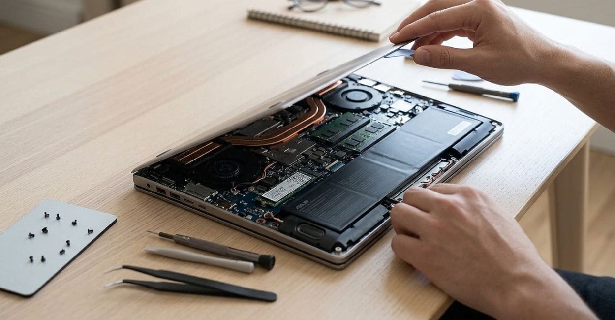 Mãos abrindo a tampa traseira de um notebook ASUS com memória RAM e SSD à mostra sobre uma mesa