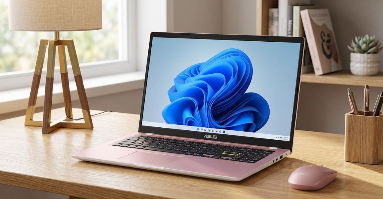 Notebook ASUS Vivobook Go 15 Intel Celeron rosa aberto sobre uma mesa de madeira, com a tela ligada