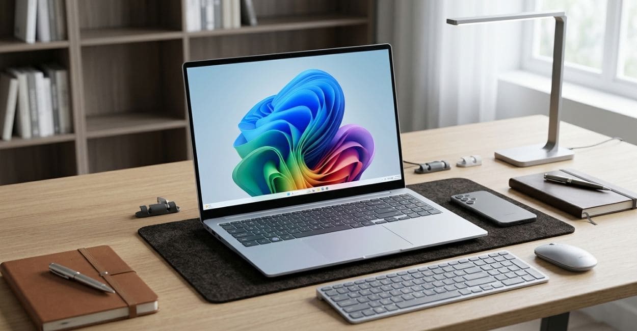 Notebook Samsung aberto com a tela ligada sobre uma mesa de madeira, com caderno, caneta, mouse e teclado externo ao lado