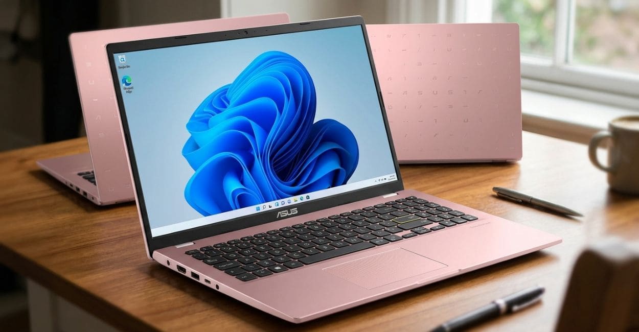 Notebook ASUS Vivobook Go 15 Intel Celeron rosa aberto em três quartos, com HDMI e USB visíveis na lateral