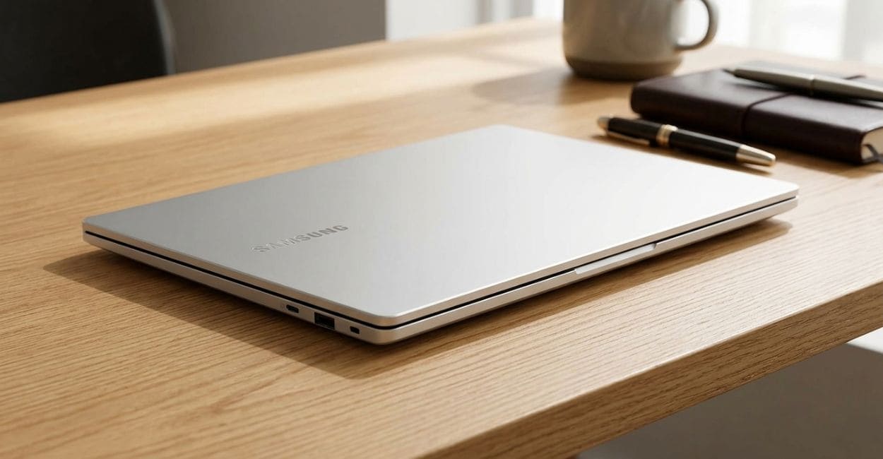 Samsung Galaxy Book Go fechado mostrando a tampa prata fina