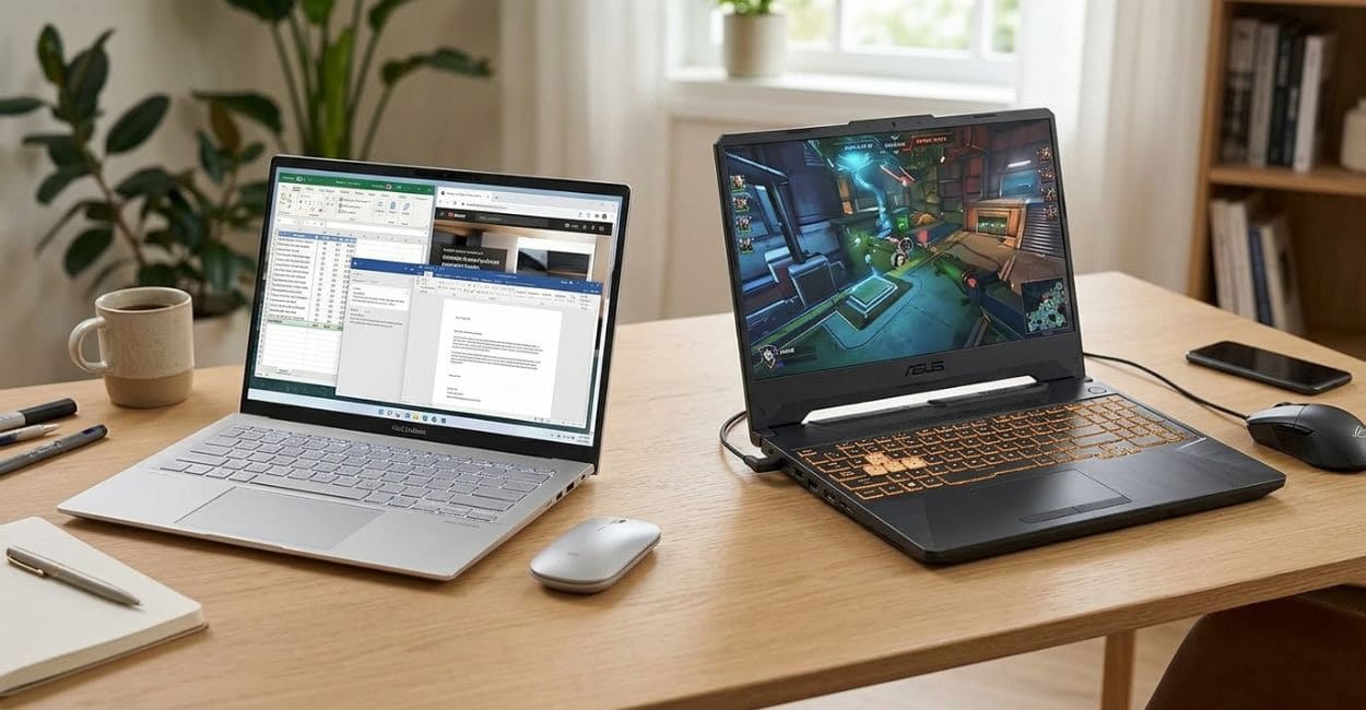 Notebook ASUS Vivobook com planilha e documentos na tela ao lado de um ASUS TUF Gaming exibindo um jogo