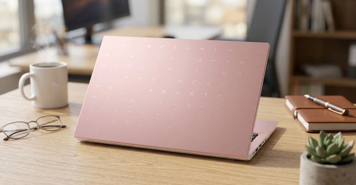 Tampa rosa do ASUS Vivobook Go 15 com o padrão de letras do logo ASUS desconstruído
