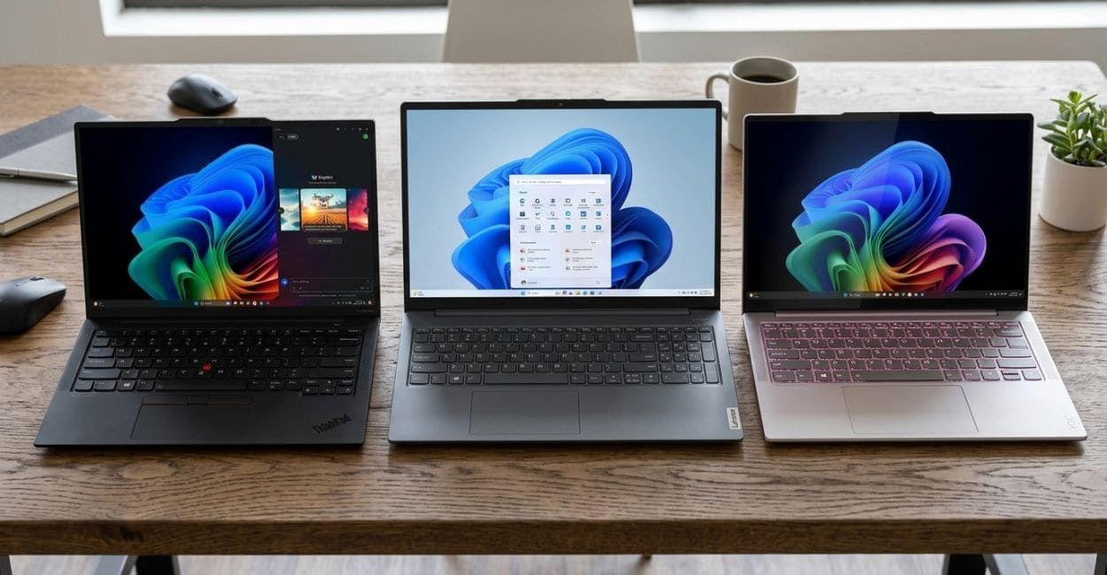 Três notebooks Lenovo abertos lado a lado sobre uma mesa de madeira, com telas acesas