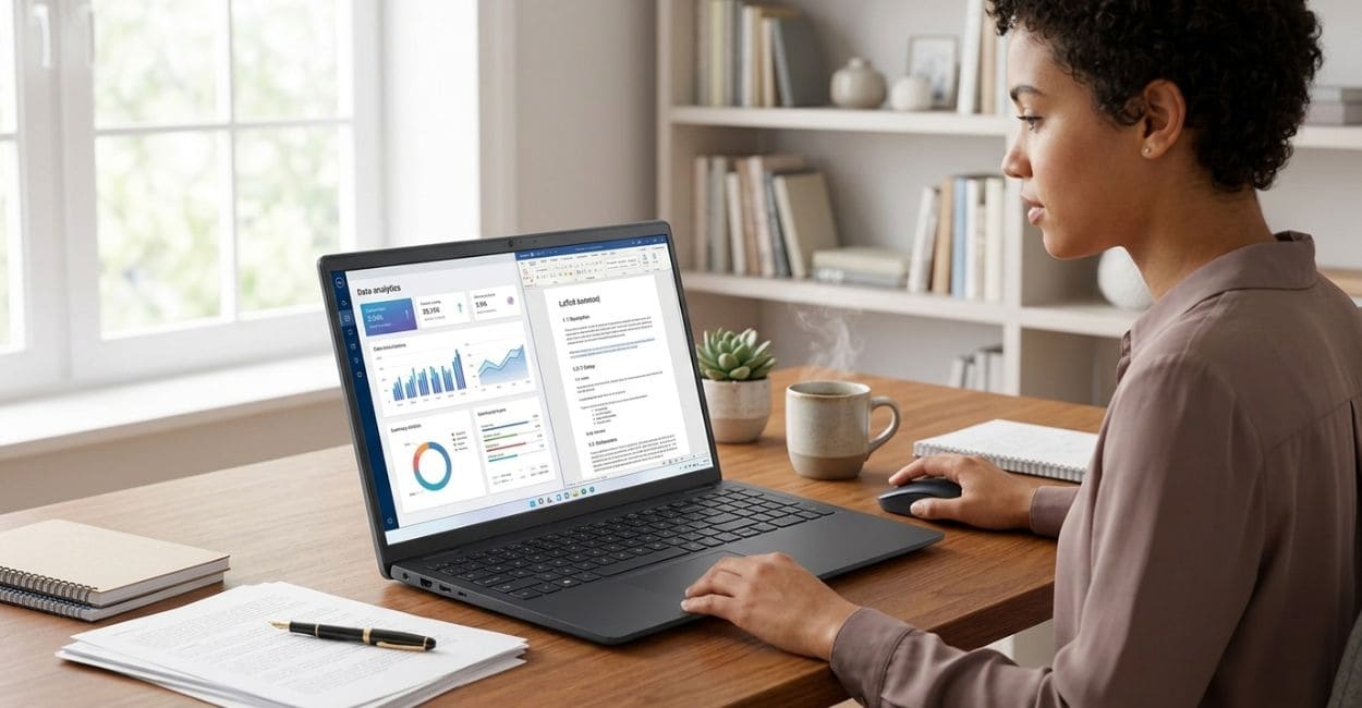 Dell Inspiron 15 i7 com painel de dados e documento abertos lado a lado na tela