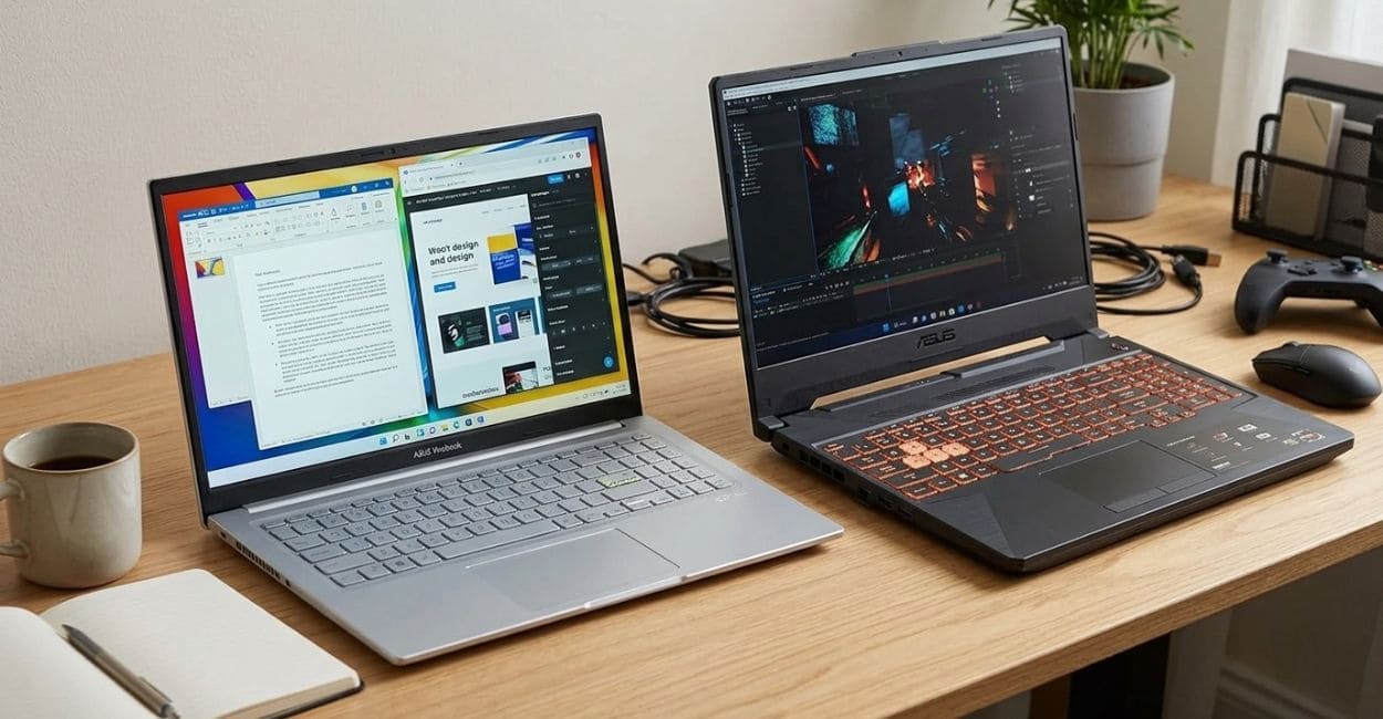 Notebook ASUS Vivobook aberto ao lado de um ASUS TUF Gaming sobre mesa de madeira