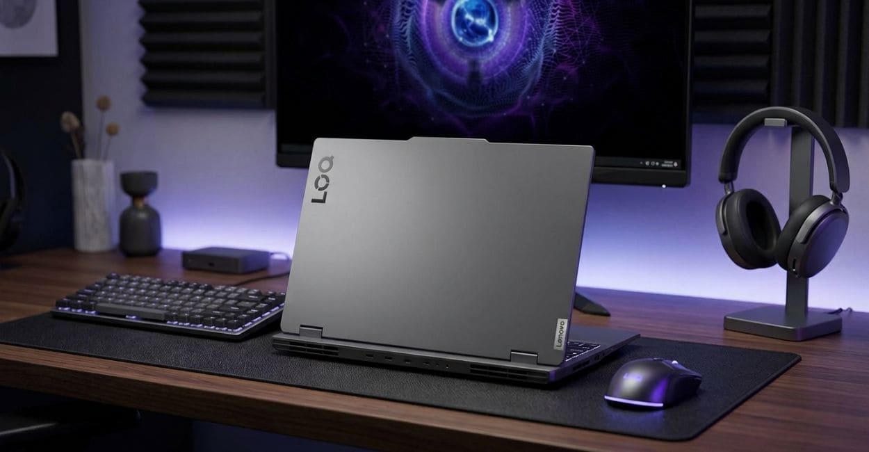 Lenovo LOQ 15IRX9 visto por trás, com a tampa cinza e o logo LOQ, ao lado de teclado externo e fone