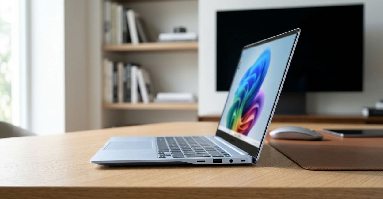 Lateral do Galaxy Book4 Edge com as portas e o slot de cartão visíveis