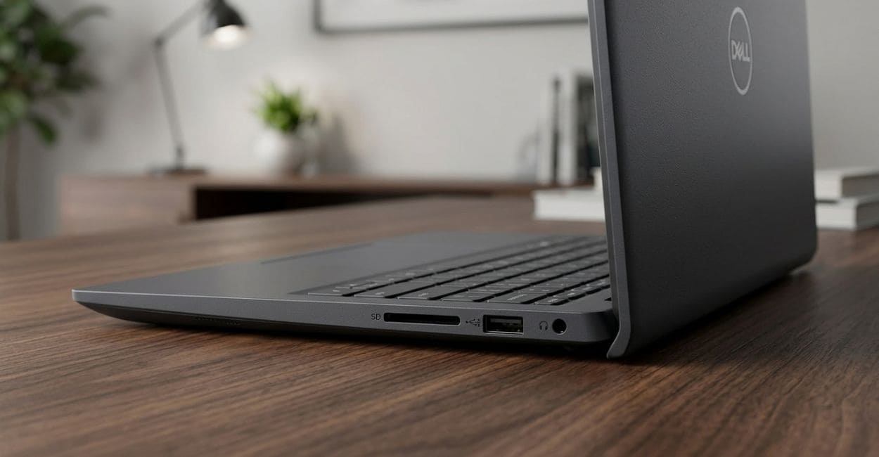 Lateral do Dell Inspiron 15 i7 com leitor de cartão SD, USB-A e entrada de fone