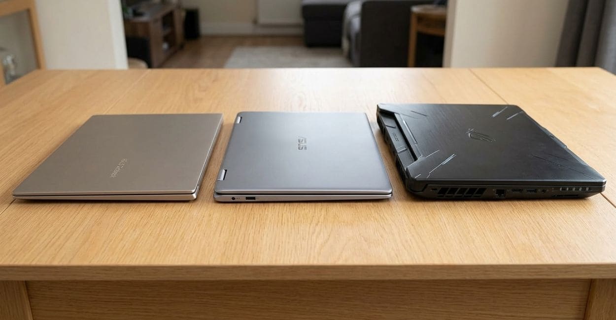 Três notebooks ASUS de portes diferentes, fechados e lado a lado sobre uma mesa de madeira