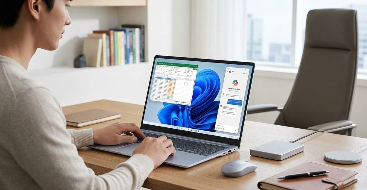 Pessoa usando o Galaxy Book4 Edge com planilha e o Copilot abertos na tela