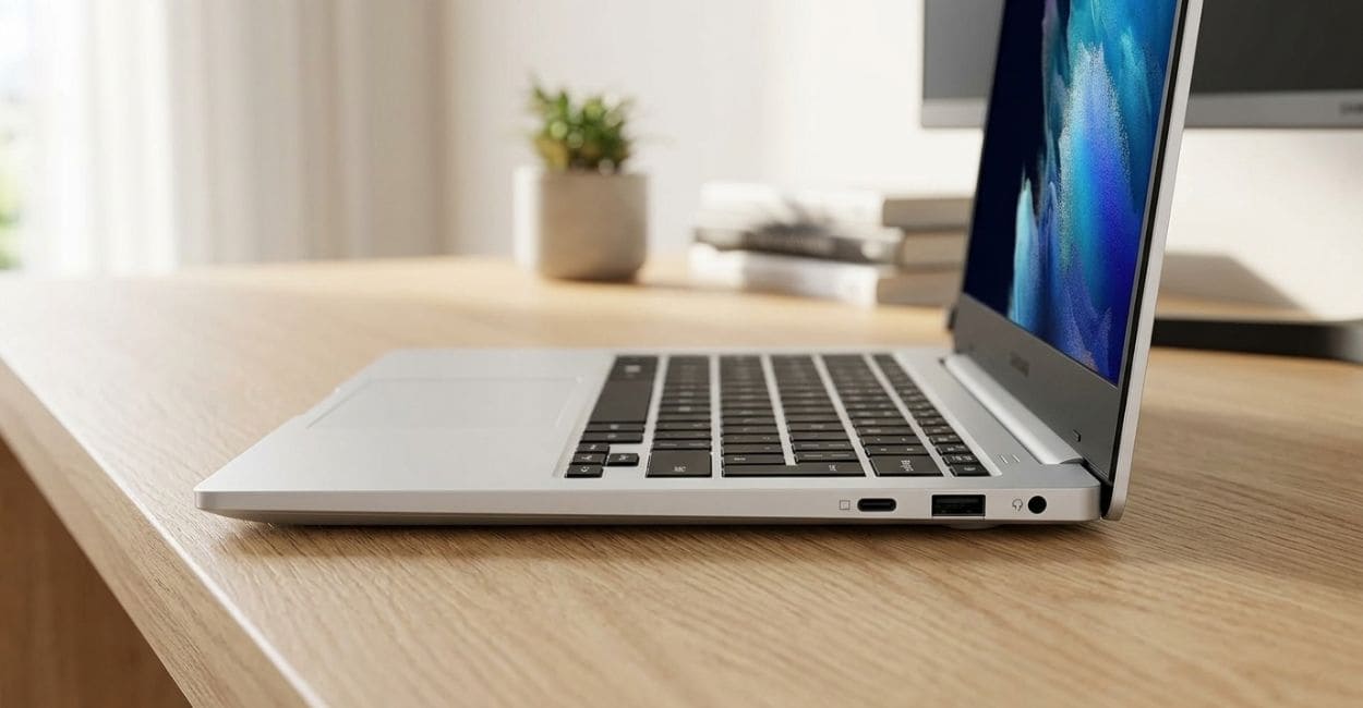 Galaxy Book Go de perfil mostrando o chassi fino com USB-C, USB-A e entrada de fone