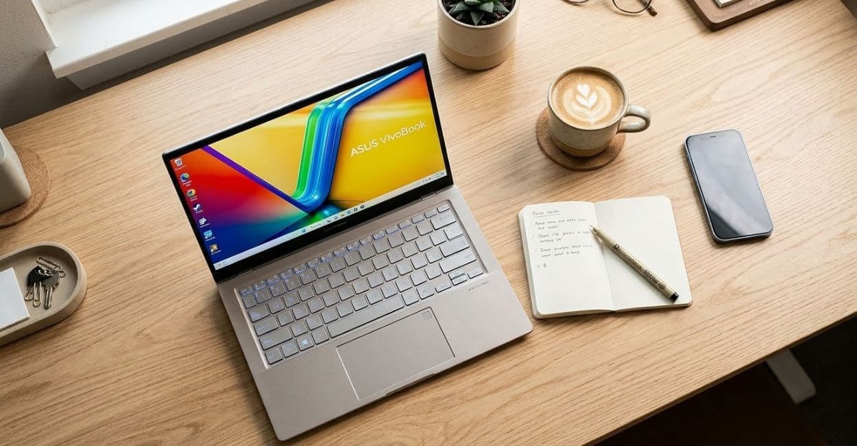 Notebook ASUS Vivobook aberto sobre mesa de madeira, com café, caderno e celular ao lado