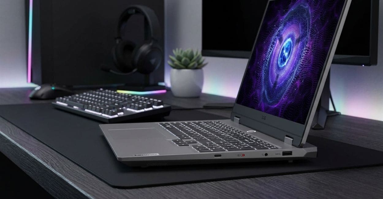 Lateral do Lenovo LOQ 15IRX9 com porta USB-C, chave da webcam, entrada de áudio e USB-A