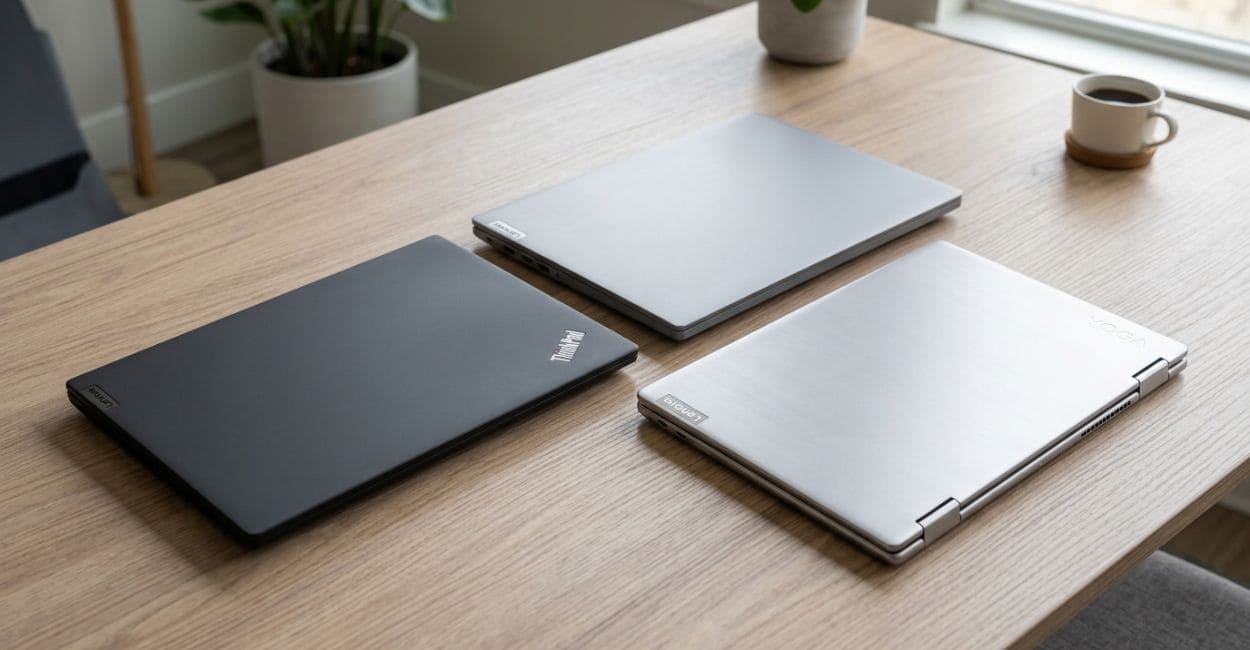 Três notebooks Lenovo fechados sobre uma mesa de madeira clara ao lado de uma xícara de café
