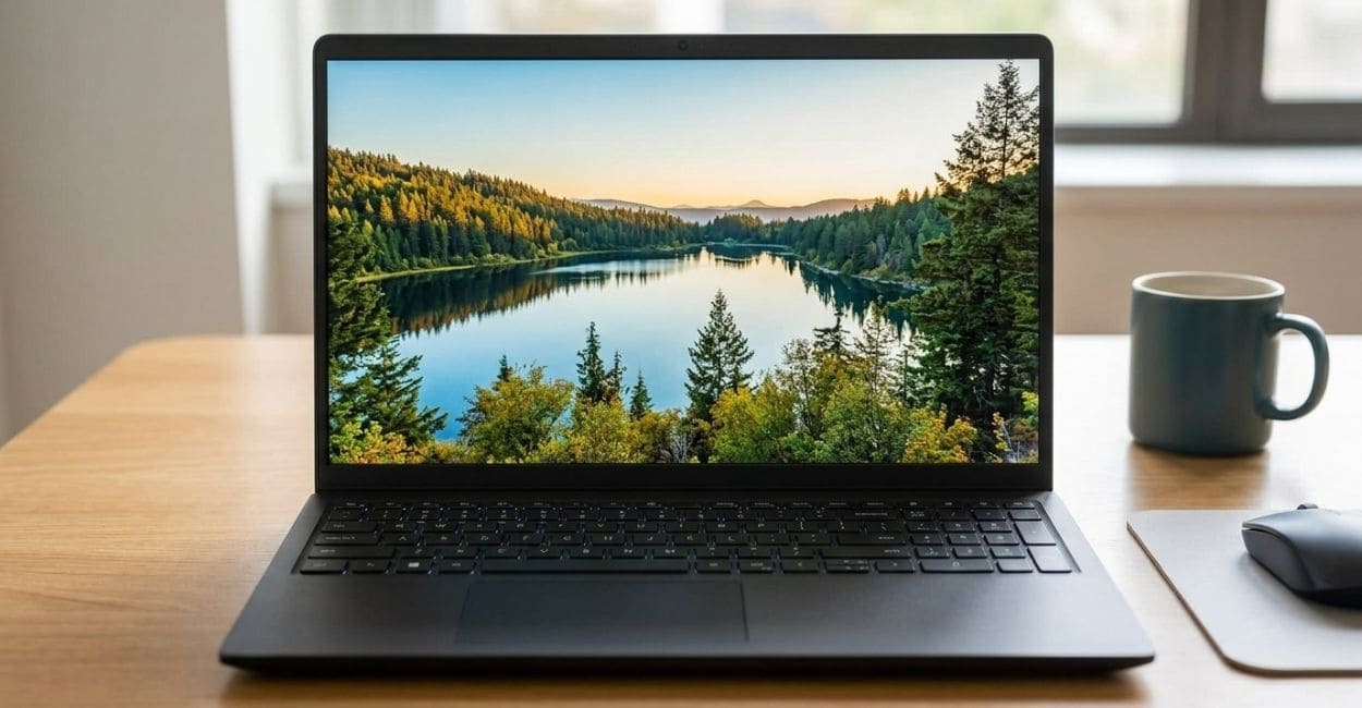 Dell Inspiron 15 i7 aberto de frente sobre a mesa de trabalho com a tela ligada