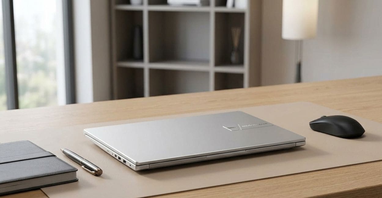 Notebook ASUS Vivobook prateado fechado sobre uma mesa de madeira, com caderno, caneta e mouse