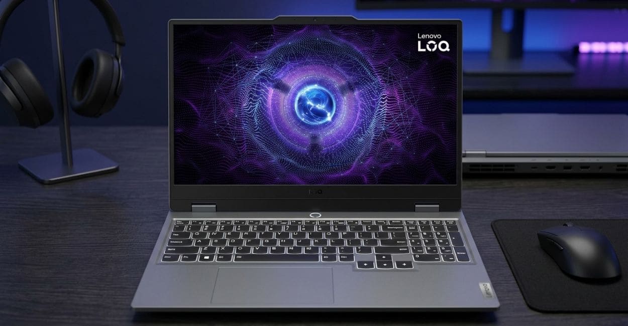 Lenovo LOQ 15IRX9 aberto de frente sobre uma mesa escura, com a tela ligada e o teclado retroiluminado