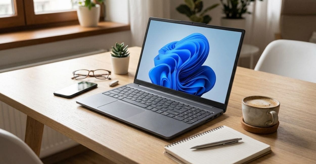 Notebook aberto sobre uma mesa de madeira clara, com caderno, caneta, óculos e uma xícara de café ao lado