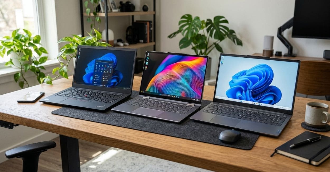 Três notebooks de tamanhos diferentes abertos lado a lado sobre uma mesa de madeira, com telas ligadas
