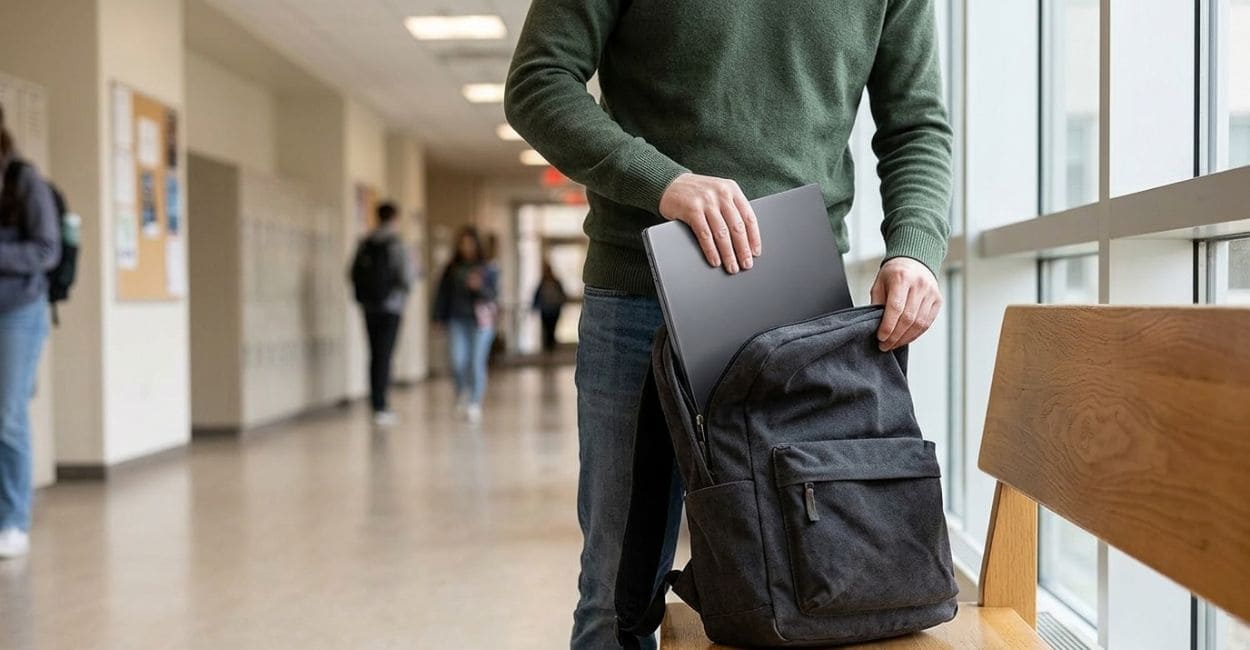 Pessoa guardando um notebook fino em uma mochila em um corredor de escola