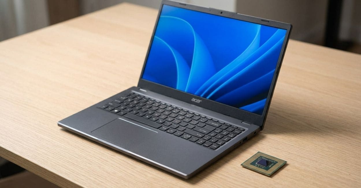 Notebook aberto sobre uma mesa de madeira clara, com um chip de processador apoiado ao lado