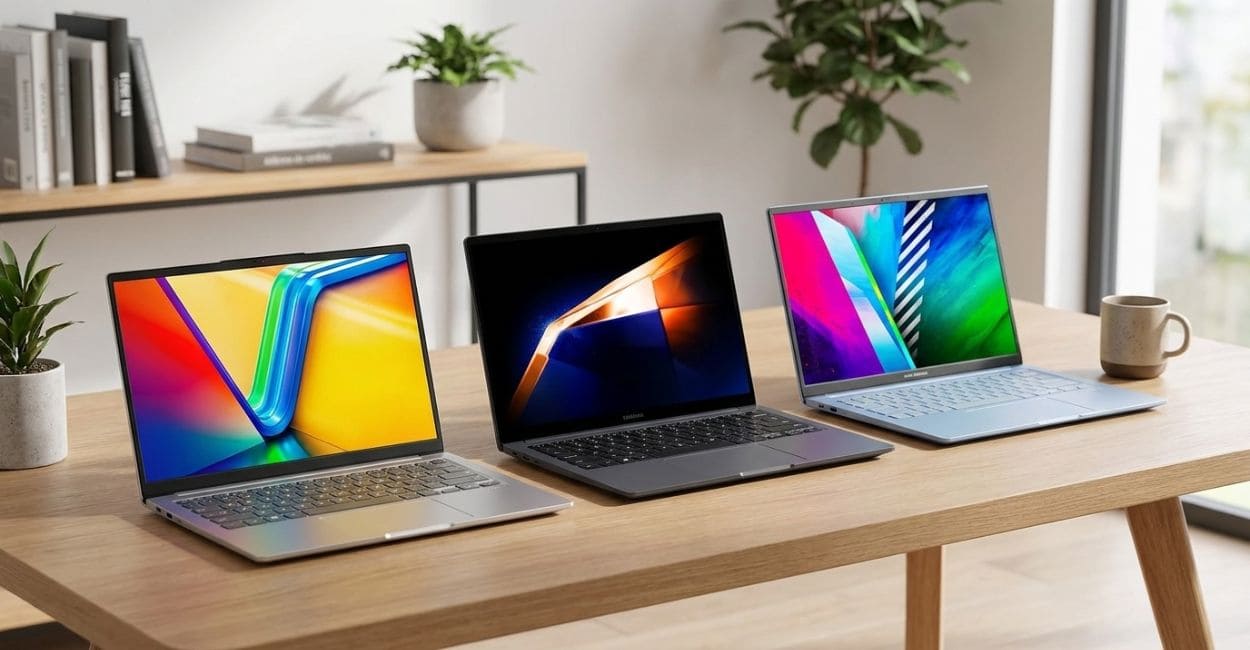 Três notebooks abertos lado a lado sobre uma mesa de madeira clara, com telas coloridas ligadas