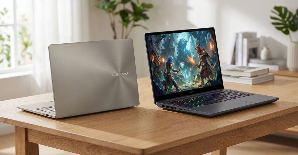 Um notebook fino fechado ao lado de um notebook gamer aberto exibindo um jogo, sobre uma mesa de madeira