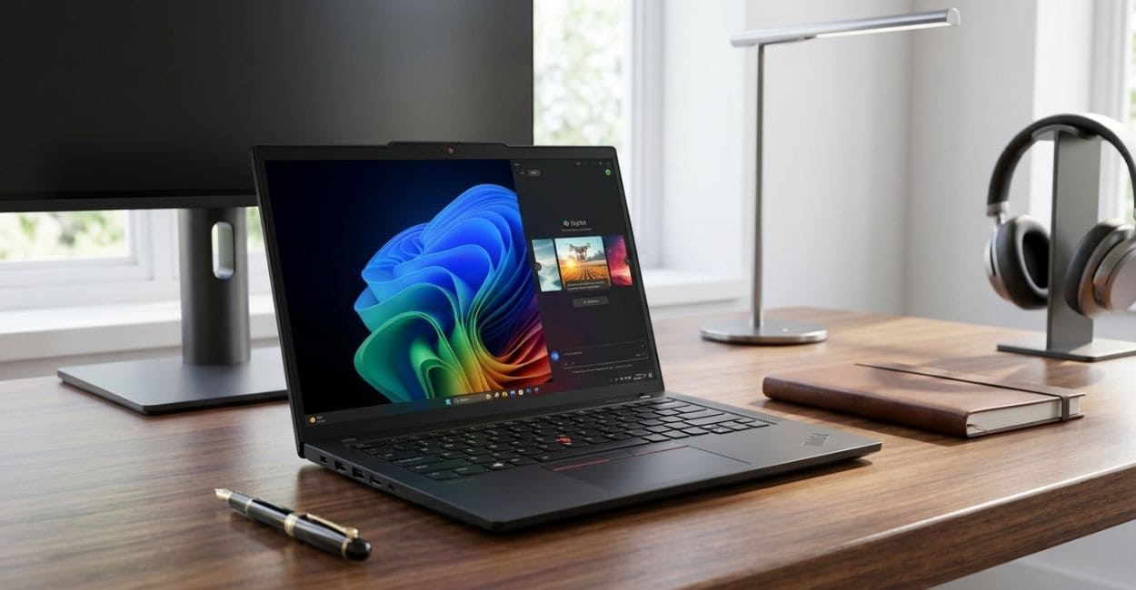 Lenovo ThinkPad T14 Gen 6 aberto sobre mesa de escritório com a tela ligada
