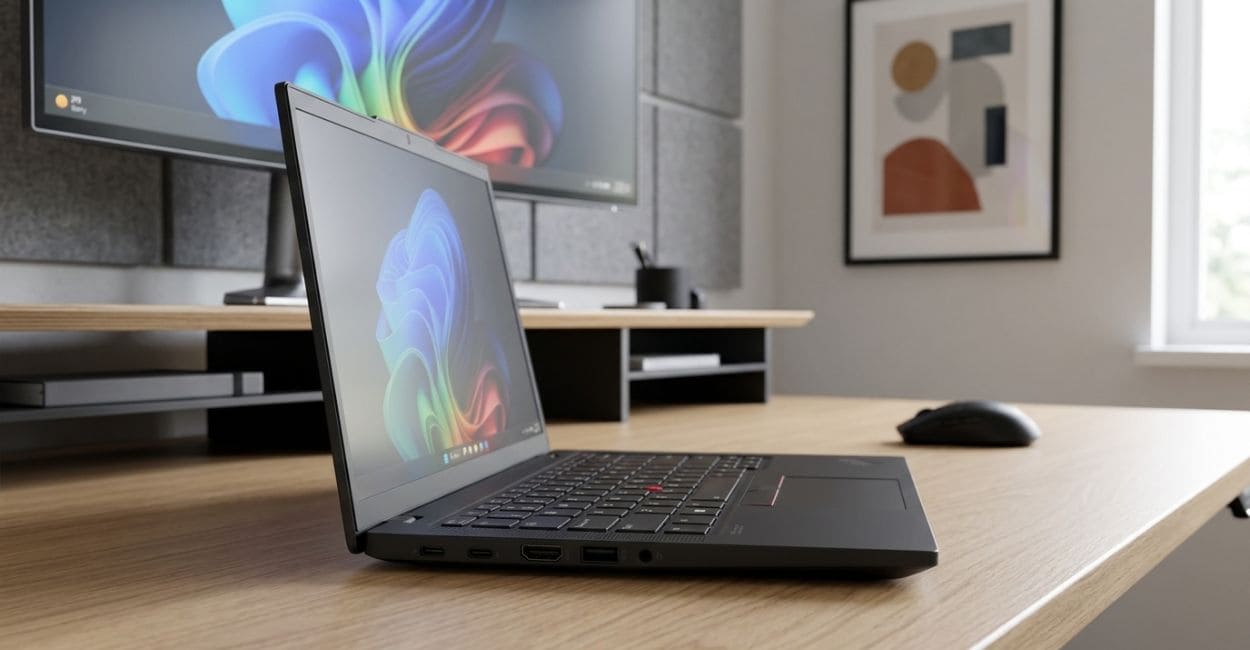 Lateral do ThinkPad T14 Gen 6 com portas USB-C, HDMI e USB-A