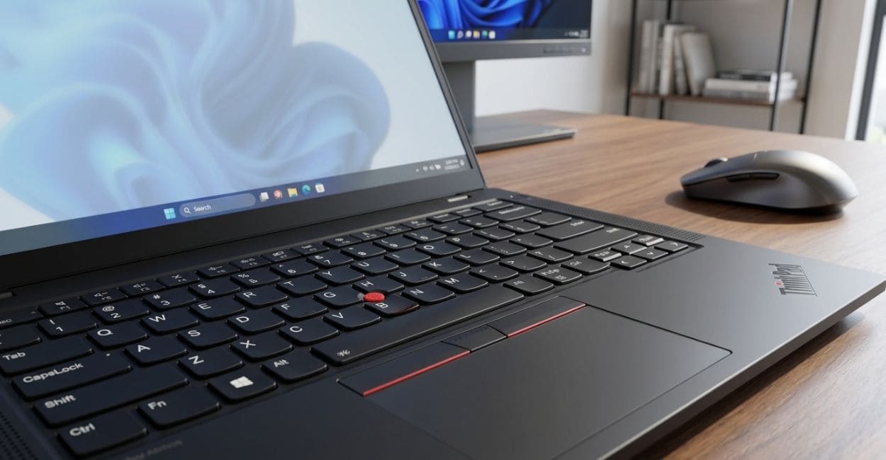 Close do teclado e do TrackPoint vermelho do ThinkPad T14 Gen 6