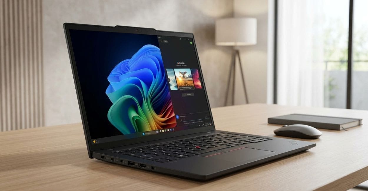 ThinkPad T14 Gen 6 em três quartos com a tela ligada e o teclado com TrackPoint