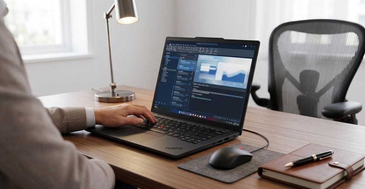 ThinkPad T14 Gen 6 em uso numa mesa de escritório com e-mail aberto na tela