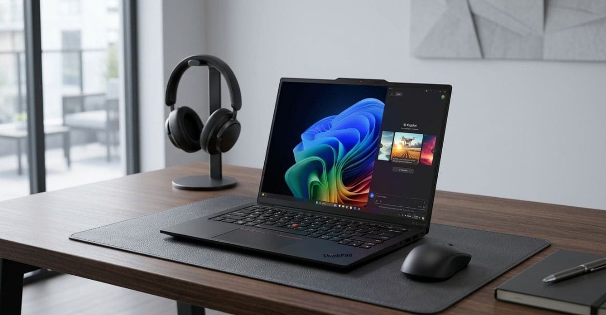 Lenovo ThinkPad X1 Carbon Gen 13 aberto sobre mesa de escritório com a tela ligada