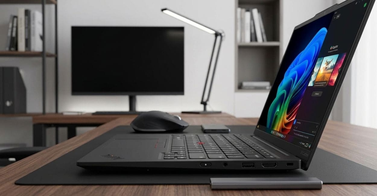 Lateral do ThinkPad X1 Carbon Gen 13 com USB-A, HDMI e entrada de fone