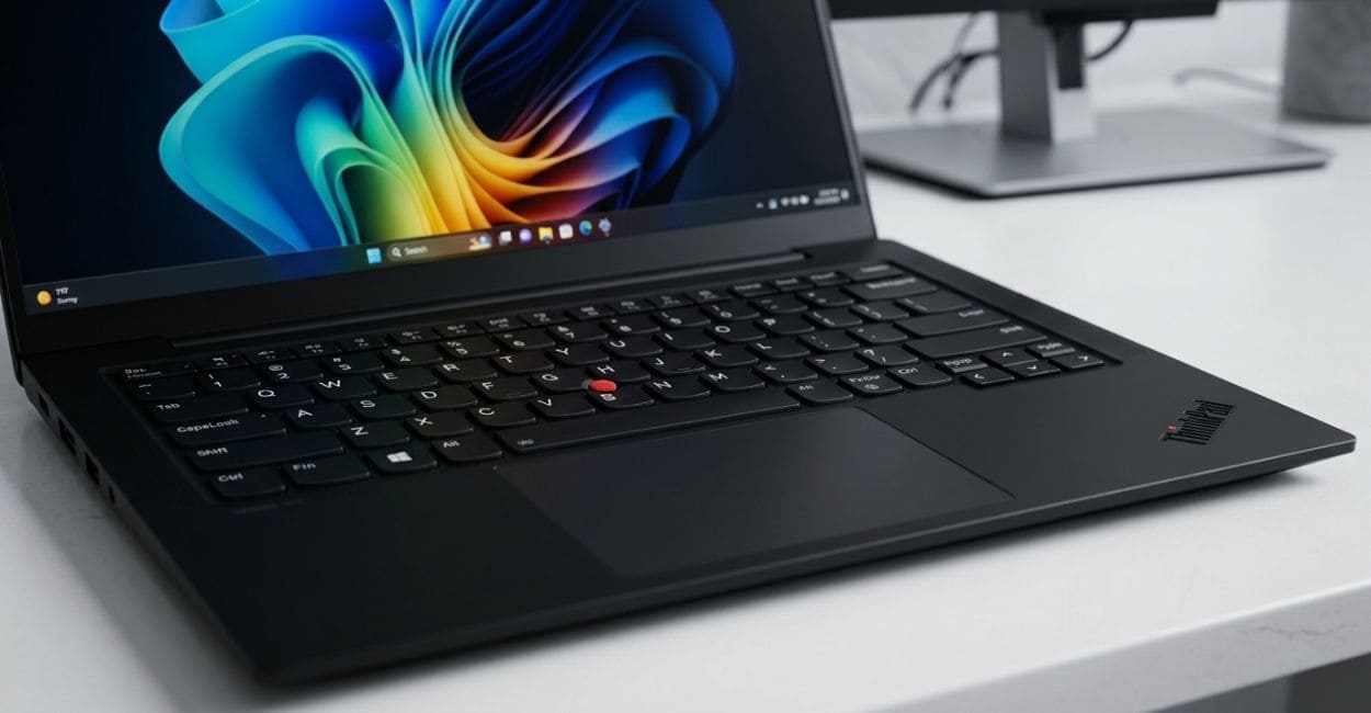 Close do teclado e do TrackPoint vermelho do ThinkPad X1 Carbon Gen 13