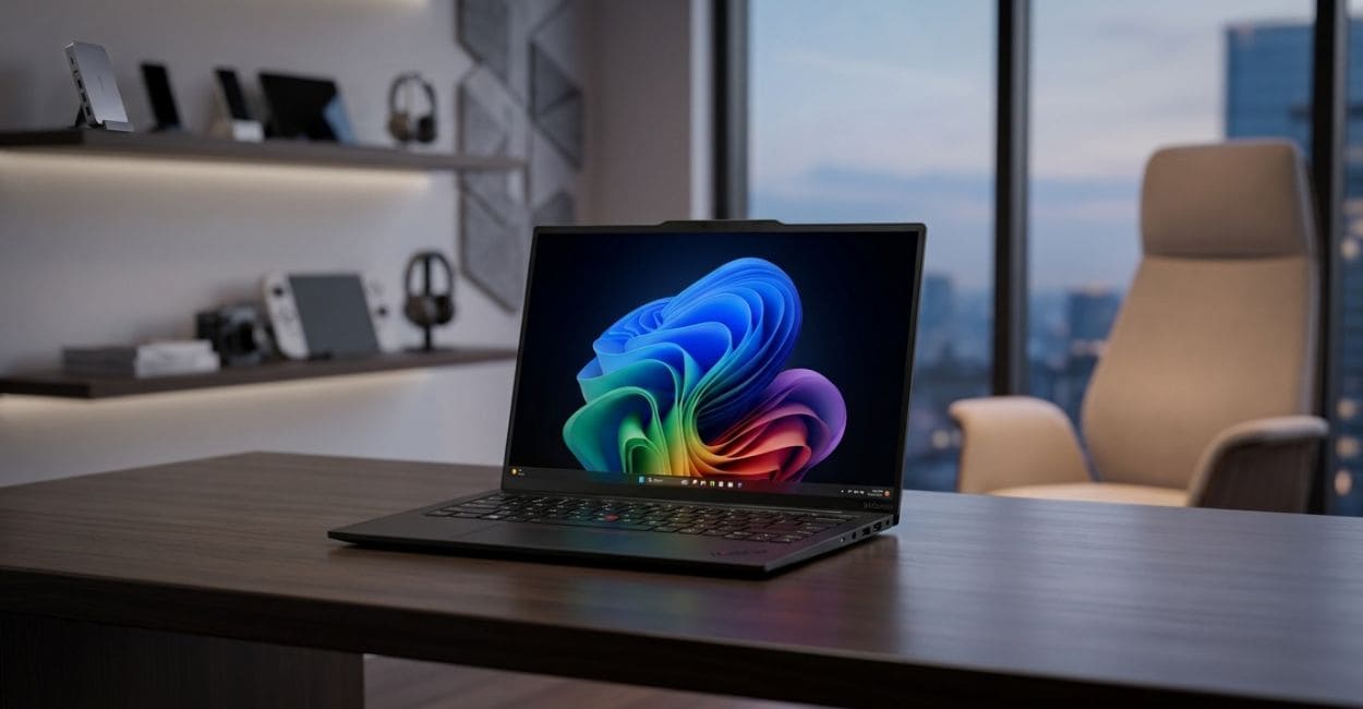 ThinkPad X1 Carbon Gen 13 em três quartos com a tela ligada sobre uma mesa